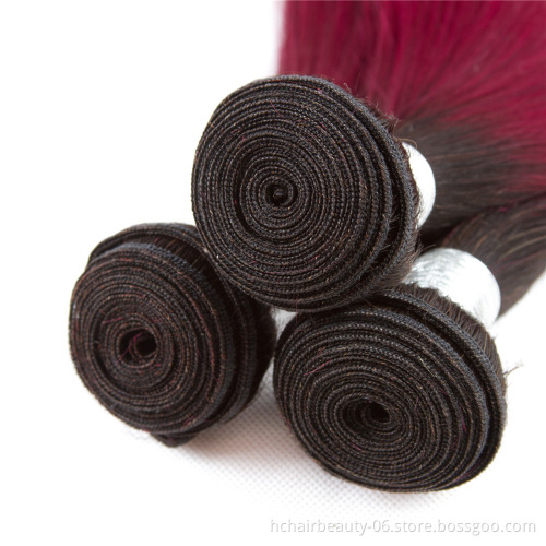 1B/Burgundy Ombre Body Wave Bundles With Frontal Closure 2 Tone Non Remy Brazilian Hair Weave Colored 3 Bundles With Frontal